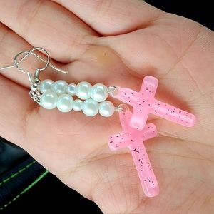Pearls with pink cross earrings